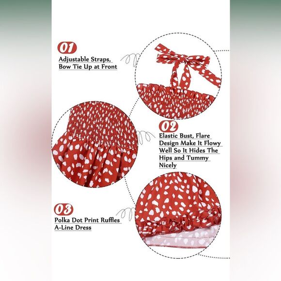 Women's Mini Dress Strappy Backless Pleated Flare Ruffle Polka Dot Dress… - Picture 5 of 9